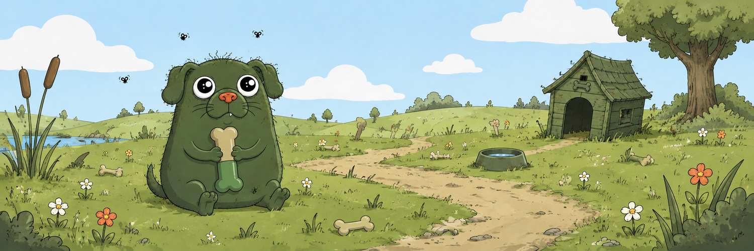 Dogstacio sitting in a meadow beside his crooked doghouse, holding a bone-shaped capsule